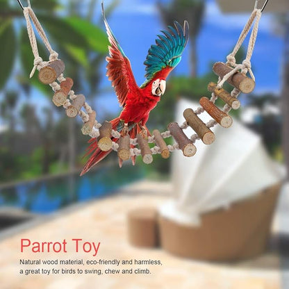 Wooden Bird Hanging Ladder, Parrot Rope Wood Ladder with Rope Swing Bridge for Lovebirds Parakeets Parrots African Grey Cockatiel Pet Training Toys