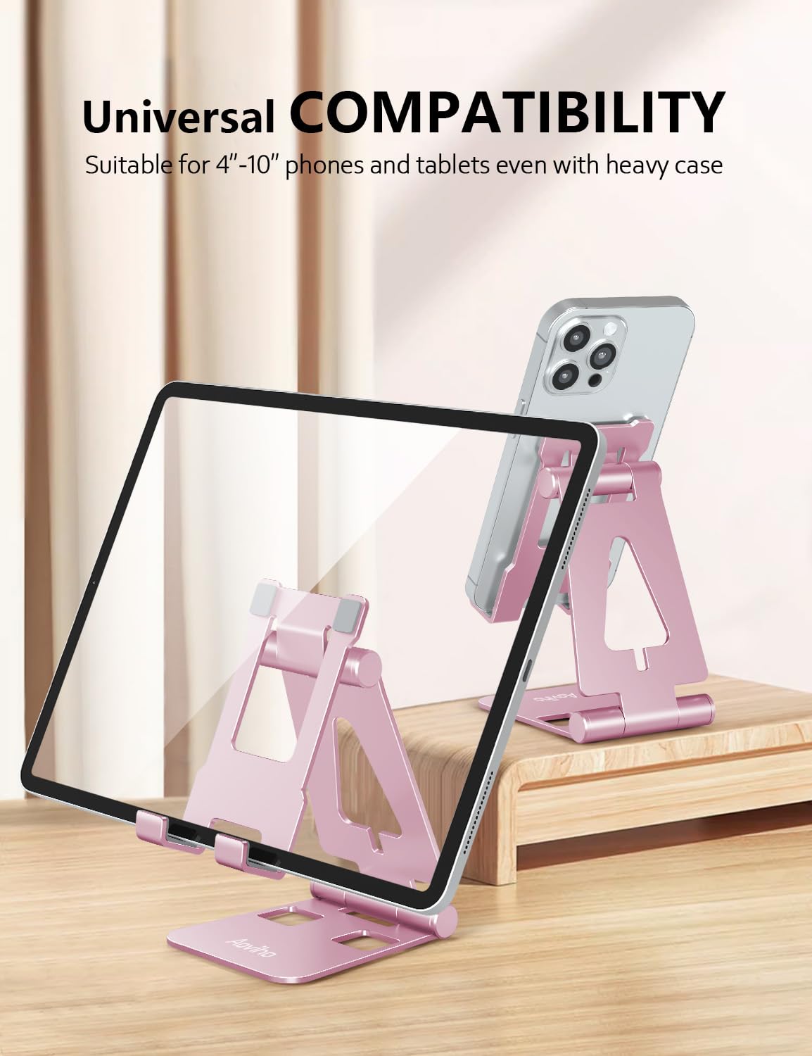 Aoviho Foldable Cell Phone Stand for Desk, Adjustable Phone Holder for Office, Video Calls and Streaming, Portable Desktop Phone Dock Compatible with iPhone 17 16 15 14, Samsung Galaxy, Pink