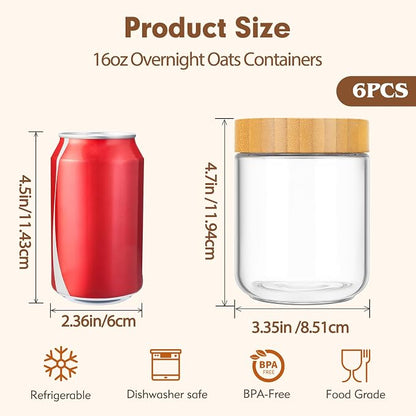 Moretoes 6 Pack Overnight Oats Containers with Lids, 16oz Glass Storage for Dry Food, Jars with Lids for Yogurt & Salad, Portable for Picnic & Lunch, Transparent Square Design for Kitchen Pantry Jars