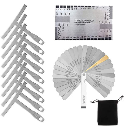 TIMESETL 32 Blades Steel Feeler Gauge Dual Marked Metric and Imperial Gap Measuring Tool + 9 Understring Radius Gauge Luthier Tools + String Action Ruler for Guitar and Bass Setup