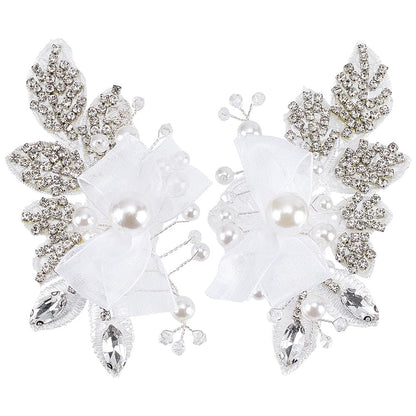 FINGERINSPIRE 1 Pair 4.4x2.5x0.5inch White Pearl Beaded Applique Rhinestone Flower Patch DIY Crafts Wedding Dress Embellishment for Bridal Hair Comb Decoration White Floral Sew On Decoration
