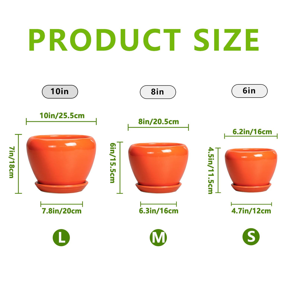 EPFamily Ceramic Planter - 10 Inch 8 Inch 6 Inch Plant Pot with Drainage Holes and Saucers, Round Planters for Indoor Outdoor, Modern Flower Pots, House Garden Room Decor, Gardening Gifts, Orange