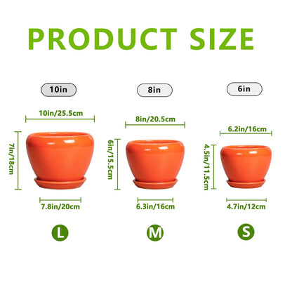 EPFamily Ceramic Planter - 10 Inch 8 Inch 6 Inch Plant Pot with Drainage Holes and Saucers, Round Planters for Indoor Outdoor, Modern Flower Pots, House Garden Room Decor, Gardening Gifts, Orange