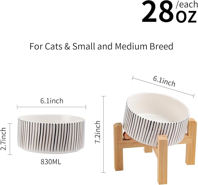 Elevated/Raised 15°Tilted Anti Slip Ceramic Dog Bowl for Small/Medium Breeds,Slanted Bulldog Big Face Pet Food Water Feeding Dish with Stand for Cats and Dogs (3.6 Cups/28 OZ) vertical stripe