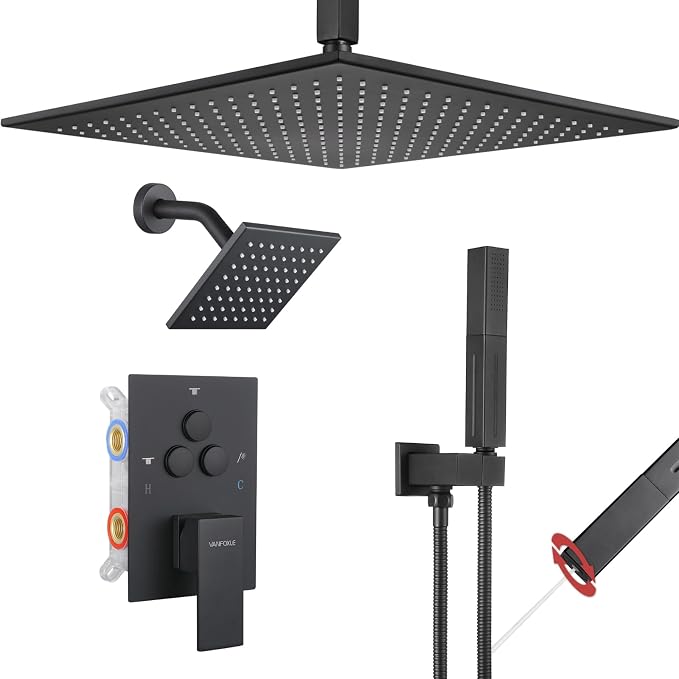 VANFOXLE Shower Faucet Set Matte Black Shower System, Push Button Diverter Shower Faucet with Trim Kit, Ceiling Mount 16 Inch Shower Head Increased Thick, 6 Inch Side Shower Head, 2-in-1 Handheld