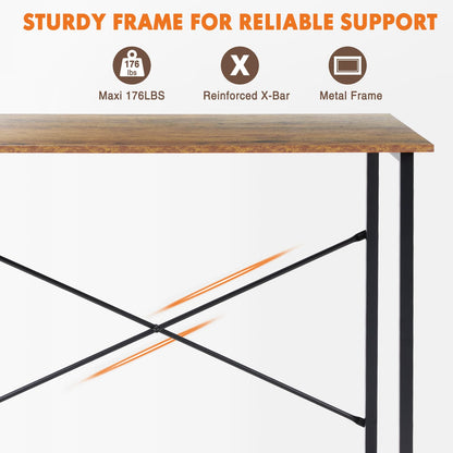 Sweetcrispy Small Computer Desk, 63" Office Writing Desk with Metal Frame & Wooden Top, X-Shaped Reinforcement, Student Study Workstation for Home Bedroom, Brown
