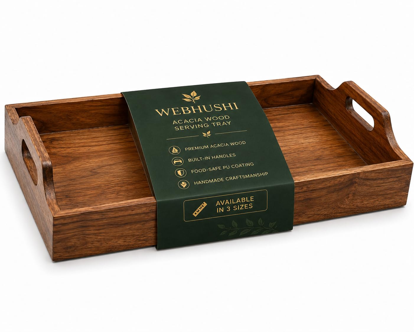 WEBHUSHI Acacia Wood Serving Tray - 16 Inch Brown Wooden Tray with Natural PU Coating for Kitchen and Dining