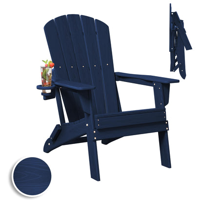 Plawdlik Folding Adirondack Chair, SGS Tested, Wooden Textured with Cup Holder, Heavy All-Weather HDPE Comfortable Set Poolside Backyard Lawn Navy Blue