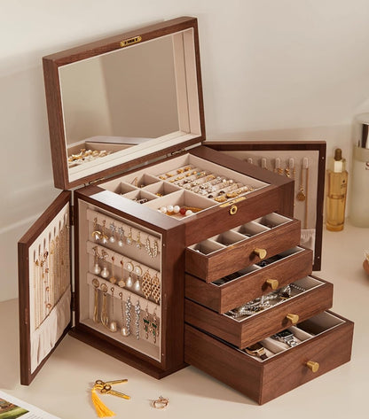 Homruilink Black Walnut Wooden Jewelry Box, Wood Jewelry Organizer with 2 Side Doors Mirror Lockable Classical Style for Watch Necklace Ring Earring Storage Fathers Day Gift-5 Layer