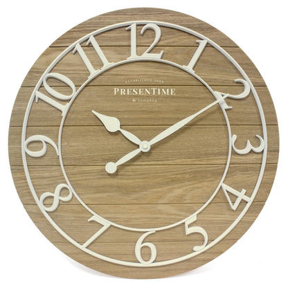 Presentime & Co Classic Farmhouse Shiplap Clock, 19.5 inch, White Arabic Numerals with Ash Wood Shiplap Style. Large Farmhouse Decor for Living Room, Entryway, Home Office, Wall Décor