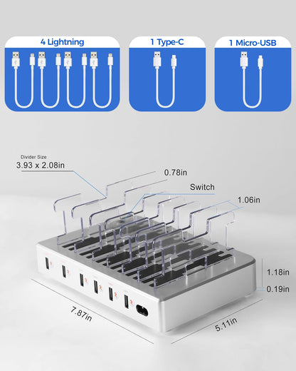 300W Charging Station for Multiple Devices, Fast Charging 6 Port Charging Station - Compatible with iPhone iPad Android Tablets, Home Office Travel Organizer