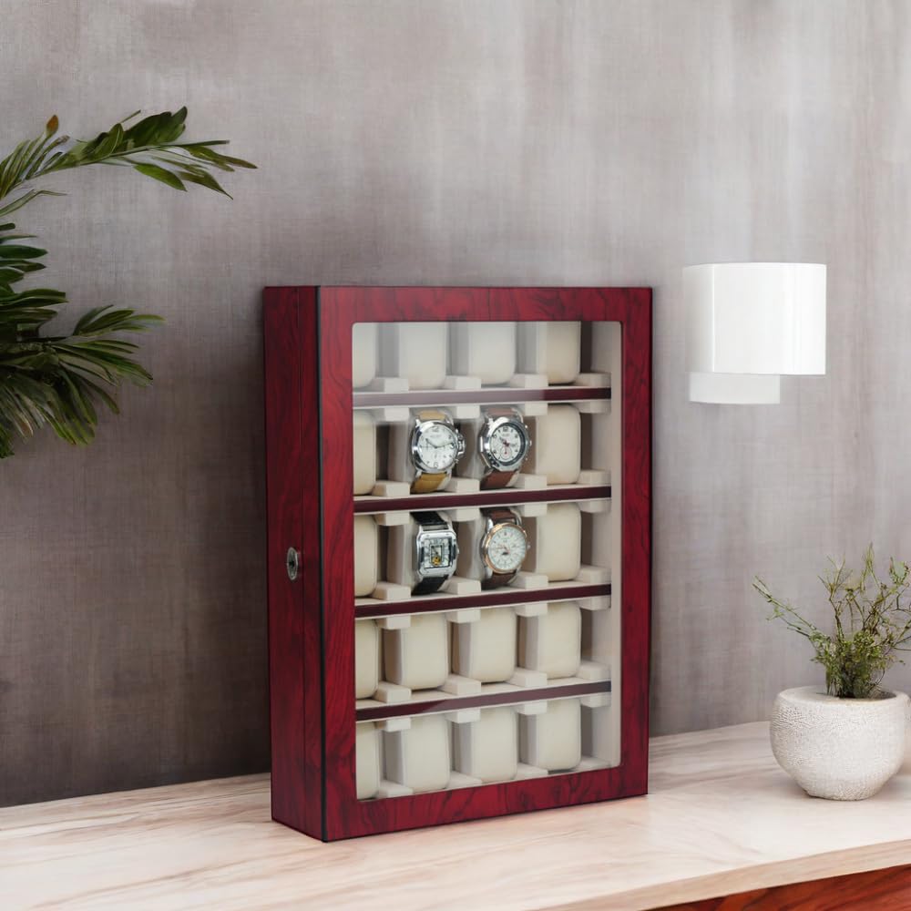 TIMELYBUYS 20 Piece Cherry Wood Watch Display Wall Hanging Case and Storage Organizer Box and Stand for Oversized Watches