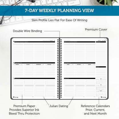 Planner Pad Spiral Bound July 2026 – June 2027 / Academic Year 6 3/4" x 8 1/2" 3-Tier Funnel Down 12 Month Medium Size Organizer, Black Cover/Black Ink
