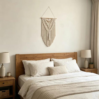 Macrame Wall Hanging Boho Geometric Woven Tapestry Cotton Handmade Bohemian Art Decor with Wood Bead Wall Decor for Bedroom Living Room Apartment Nursery 31.5" L x 17" W (Wood Bead-Y)
