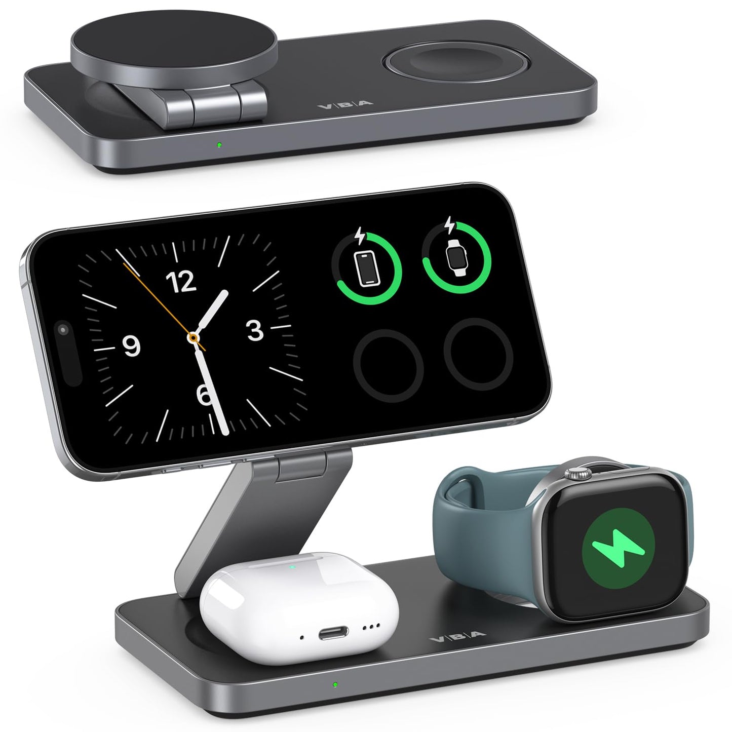VBA 3 in 1 Wireless Charging Station for Apple MagSafe Charger,Foldable Fast Charging Magnetic Wireless Charger Stand,Travel Charger for iPhone 17 Air 16 15 14 13 12,Apple Watch,AirPods (Black)