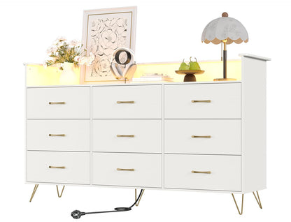 Tall 9-Drawer TV Stand Dresser with RGB Lights & Charging Station, Modern Wooden Storage Chest for Bedroom, 3 Outlets & 2 USB Ports, Large Closet Organizer, Black, 36.6" w x 62.8" h x 16.7" d