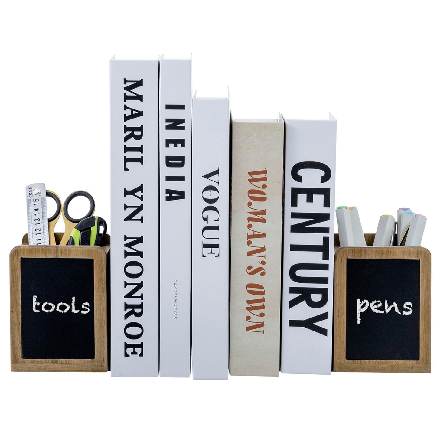 MyGift Wood Bookends and Pen Holders with Chalkboard Labels, Book Ends for Office Desk Shelves, Natural Wooden Rectangular Pencil Cups, Premium Acacia, 1 Pair