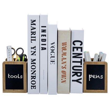 MyGift Wood Bookends and Pen Holders with Chalkboard Labels, Book Ends for Office Desk Shelves, Natural Wooden Rectangular Pencil Cups, Premium Acacia, 1 Pair