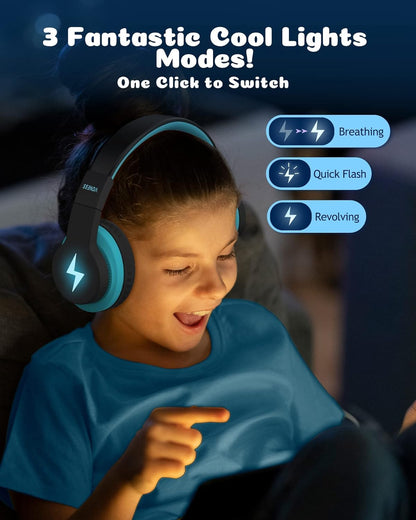 seenda Kids Bluetooth Headphones Boys, JCH-01 Kids Wireless Headphones for School, 85/94dB Volume Limited, 45H Playtime, 3 Lighting Modes, Built-in Mic Headset with Aux Cord for iPad/Tablet/Travel
