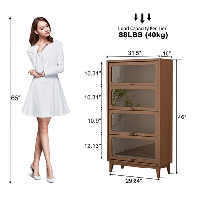 AnywaysWood Solid Wood Bookcase 4-tire with Tempered Glass Flip-Up Doors,60Hx13.7Dx32W Bookshelves Finish Cube Storage Organizer,Bookshelf Versatile Pantry Cabinet for Living Room Home Office