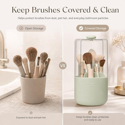 EACHY Makeup Brush Holder with Lid, 360° Rotating Vanity Organizer for Brushes, Dustproof Cosmetic Display Case, 7 Compartments, Waterproof Plastic (Green)