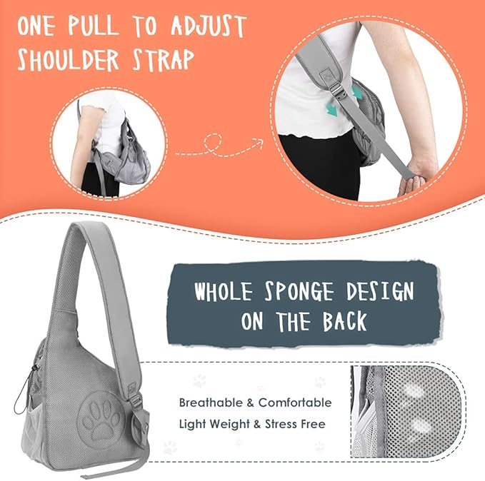 SlowTon Pet Dog Sling Carrier, Hands Free Hard Bottom Papoose Small Animal Puppy Up to 6 lbs Travel Bag Tote Breathable Mesh Support Adjustable Padded Strap Pocket Safety Belt Machine Washable