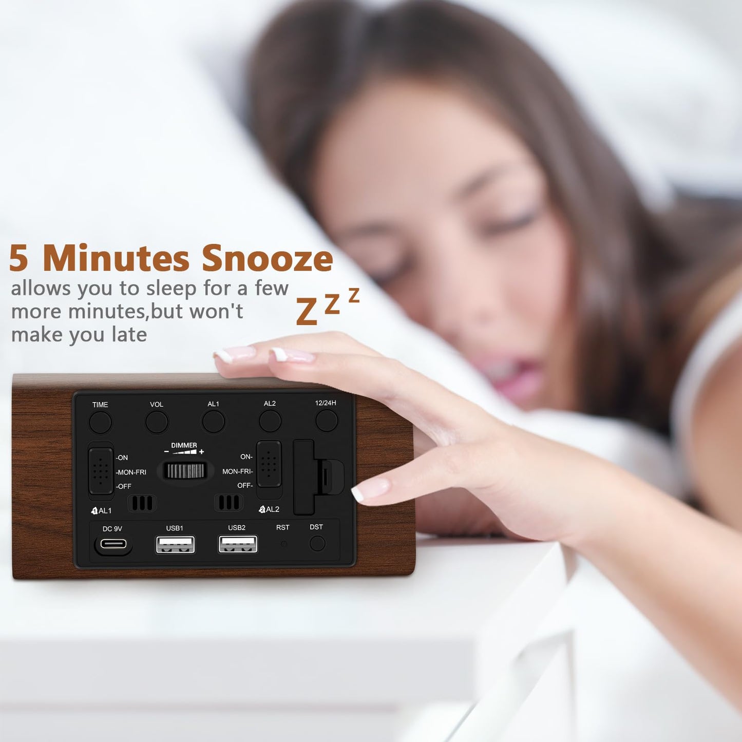Kogonee Wooden Digital Alarm Clock, 0-100% Dimmer, 2 Alarm Settings, Weekday/Everyday Mode, 9 Mins Snooze, 12/24H, Temperature and Date Display for Office, Travel, Bedroom Alarm Clock (Brown)
