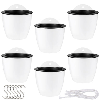 MOUYAT 6 Pcs Plastic Self Watering Hanging Planters, 7 Inch White Wall Mounted Flower Pots with Hooks and Cotton Ropes, Lazy Flower Pots for Outdoor Indoor Plants
