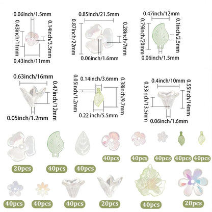 SUNNYCLUE 1 Box 460Pcs Transparent Acrylic Flower Beads Green Leaves Beads Kit Plastic Pink White Assorted Spring Cherries Blossom Caps Loose Spacer for Jewelry Making Necklace Charms Craft Supplies