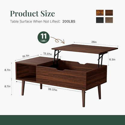 Wood Lift Top Coffee Table with Hidden Storage Compartment & Open Shelf, Multi-Functional Wooden Tabletop Dining Table for Living Room, Home Small Space