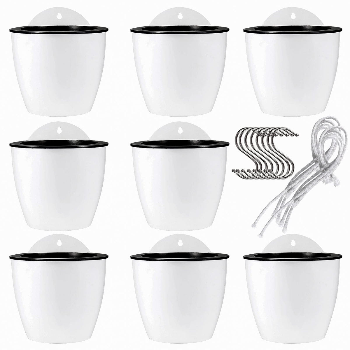 JAPCHET 8 Pack 7 Inch Self Watering Hanging Planters, Wall Hanging Plastic Planter Pot with 8 Hooks, Lazy Flower Pots for Indoor Outdoor Window Wall Plants, White
