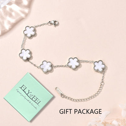 FLY FEI 18K Gold-Plated Four Leaf Clover Bracelet for Women,Adjustable lucky Bracelet Jewelry Gift-Hypoallergenic Charm for Birthdays, Wellness & Daily Wear(style02-White(silvery))