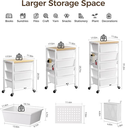 Rolling Cart with 4 Drawers, Plastic Drawer Storage Carts with Wheels & Wooden Tabletop, Metal Utility Cart with Pegboards, Office Living Room Classroom Craft Organization and Storage, Bright White