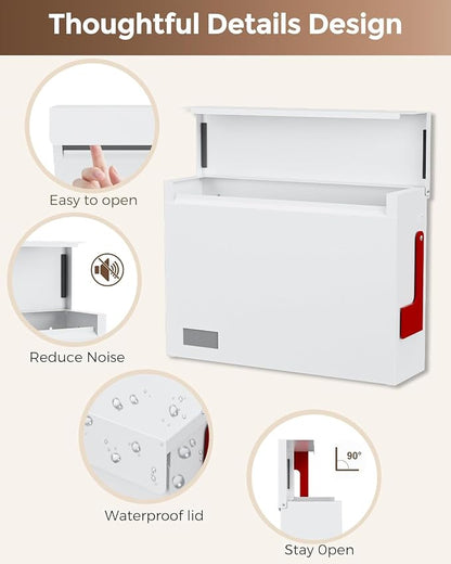 Modern Mailboxes for Outside, Metal Wall Mount Mailbox, with One Flag Kit and Three Sets of Mailbox Number Stickers, 3.9" D×14.2" W×10.2" H, Rust Resistant Coating Mail Boxes for House, White