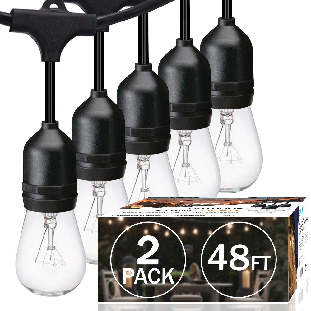 SUNTHIN 2 Pack 48FT Outdoor String Lights,Hanging Incandescent String Lights Commercial Grade Waterproof Patio Light Outside with Dimmable Connectable Edison Glass Bulbs for Bistro,Party,Holiday Decor