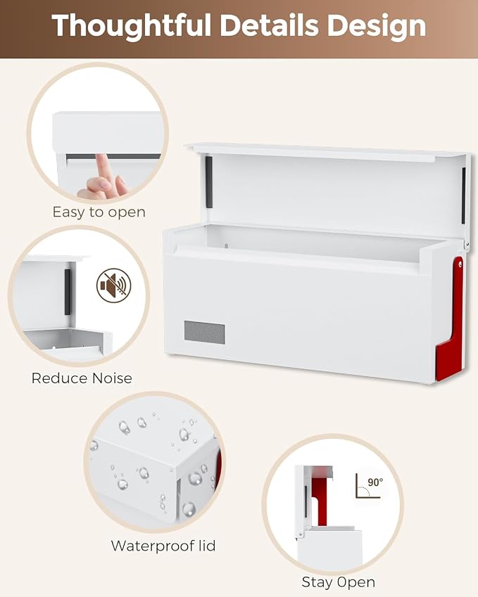 Modern Mailboxes for Outside, Metal Wall Mount Mailbox, with One Flag Kit and Three Sets of Mailbox Number Stickers, 3.9" D×13" W×7.1" H, Rust Resistant Coating Mail Boxes for House, White