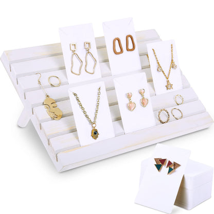 Blulu 31 Pack Wooden Earring Display Stand 7 Slots jewelry Display Holder with Earring Card for Selling Vendors Retail Show(Wash White, White)