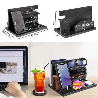 Wood Phone Docking Station - Gifts for Men Desk or Nightstand Organizer - Birthday Gifts for Husband, Fathers Day for Dad - Anniversary Idea from Wife - Key Holder, Stand Wallet, Watch & Essentials