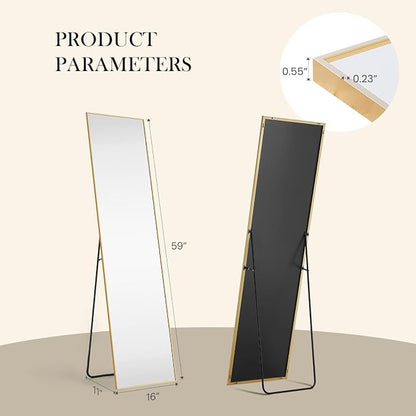 NEWBULIG Mirror Full Length, 16"x59" Body Wall Mirrors with Shatter-Proof Glass, Upgraded Floor Standing Mirror, Hanging or Leaning, with Stand Aluminum Alloy Frame for Home Decor, Bedroom, Gold