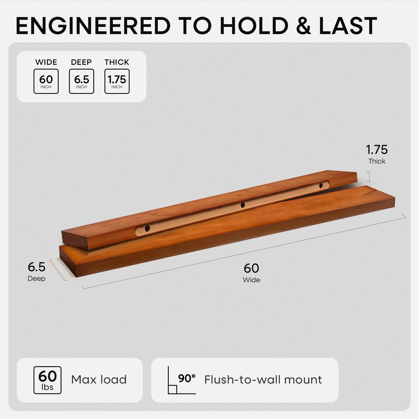 Homeforia Floating 60 inch Oak Shelves, High End Solid Real Wood 60inch Floating Shelf for Wall Mounted, Honey Oak Wooden 60in Large Floating Shelves, Heavy Duty Bracket, 60 X 6.5 X 1.75 in, Set of 2