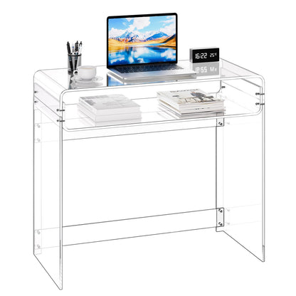 VEVOR Acrylic Desk, Clear Laptop Study Desk with Storage Shelf, Modern Transparent Console Table for Home Office, Living Room, Bedroom, Entryway, 33.5" W x 15.7" D x 29.5" H