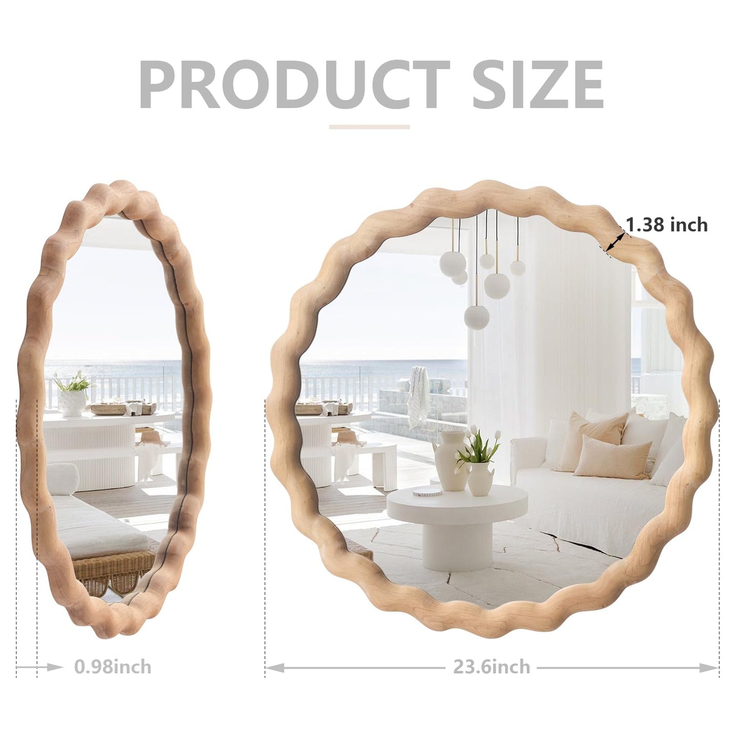 Irregular Wall Mirror,Wood Round Farmhouse Mirror Unique Vanity Mirror,24" Nature Wooden Modern Bathroom Mirror for Washroom Living Room Bedroom