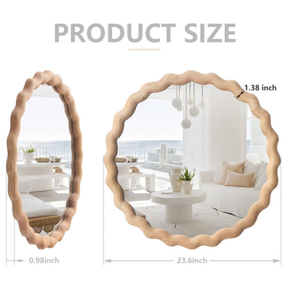 Irregular Wall Mirror,Wood Round Farmhouse Mirror Unique Vanity Mirror,24" Nature Wooden Modern Bathroom Mirror for Washroom Living Room Bedroom