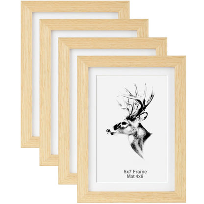 Yaetm 5x7 Oak Picture Frame with Mat for 4x6 Set of 4, Natural Solid Oak Wood Photo Frames 5 x 7 with Tempered Glass, Display on Tabletop or Wall Mounting