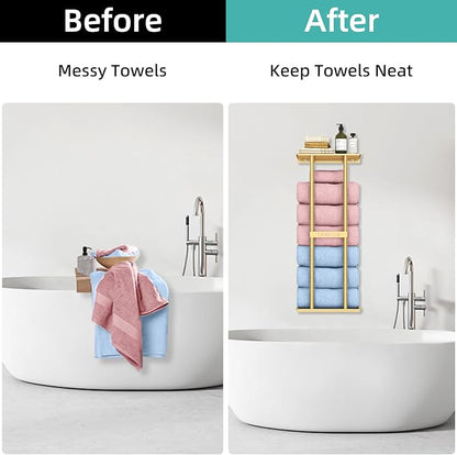 STWWO Bathroom Towel Storage Rack for Bathroom, 30 inch Towel Racks Wall Mounted with Shelf Can Holds 6 Large Towels, Wall Towel Rack for Rolled Towels, Gold