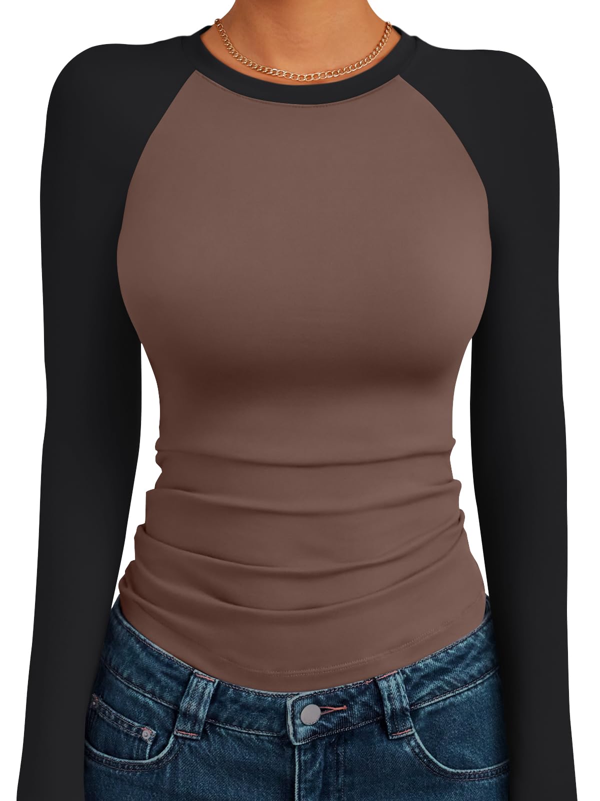 Trendy Queen Women's Long Sleeve Shirts Slim Fit Stretchy Color Block Slightly Cropped Tops