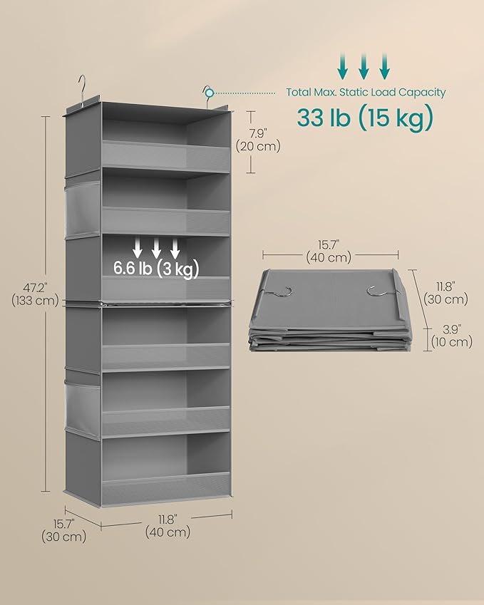 SONGMICS Hanging Closet Organizer, 6-Tier Fabric Storage Shelf, Separable