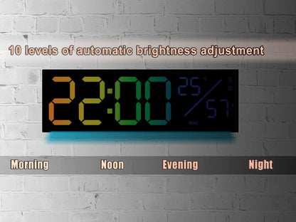 11-Inch LED Digital Wall Clock with RGB Flowing Light, Seconds,Date,Time,Temperature｜Large Clear Display, Countdown Timer,Dual Alarms,Remote Control｜Silent Modern Clock for Bedroom, Living Room,Office