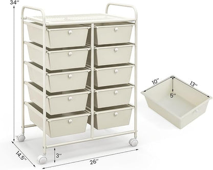 Giantex 10 Drawers Rolling Cart, Classroom Organizers, Storage Cart with Wheels, for Teacher Office Home School Supplies Tool Craft Art Paper, Ivory Color