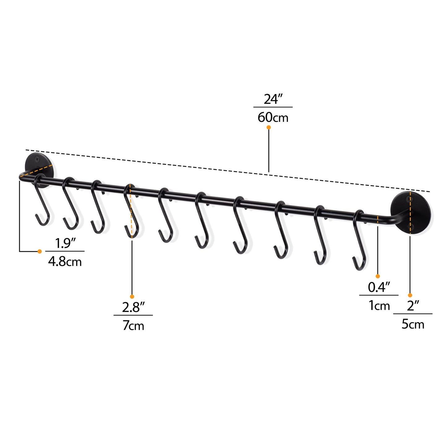 Wallniture 24" Gourmet Kitchen Rail for with 10 S Hooks for Hanging Utensils, Pot Pan Lid Rack Storage Organizer Set, Steel, Black